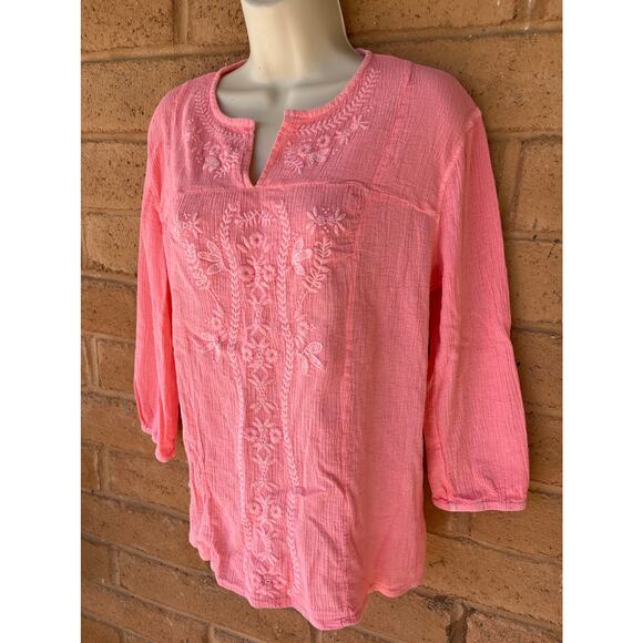 Fresh Produce Embroidered Pullover 3/4 Sleeve Tunic 100% Cotton Womens M Boho - Picture 2 of 12